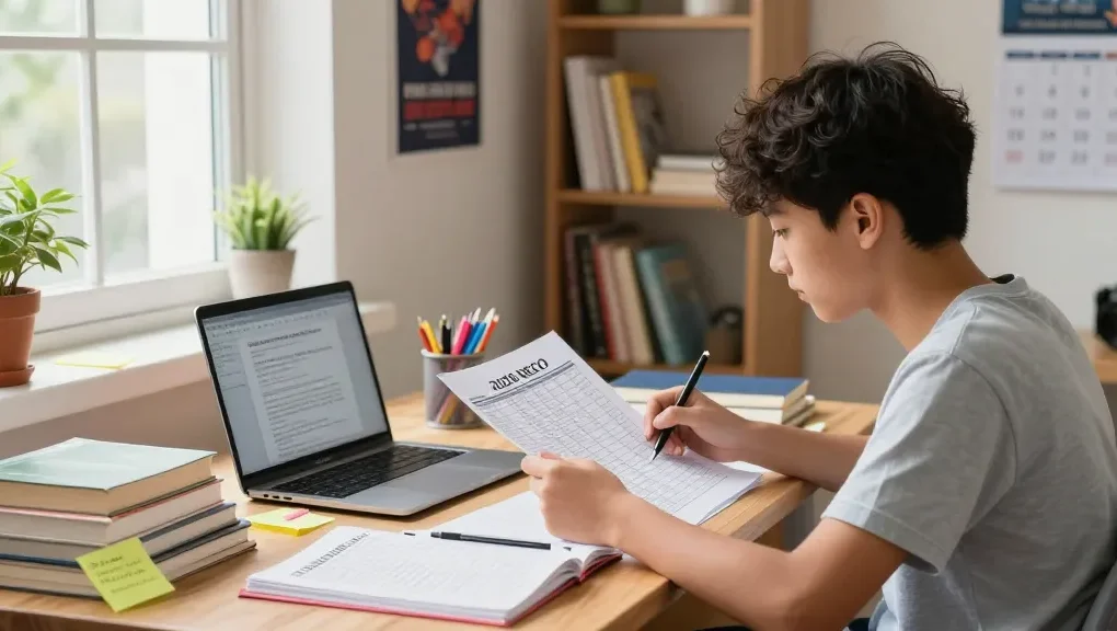 Student studying for exams with the 2026 neco timetable in a bright study room, surrounded by books and notes.