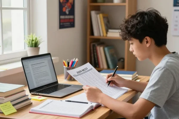 Student studying for exams with the 2026 neco timetable in a bright study room, surrounded by books and notes.