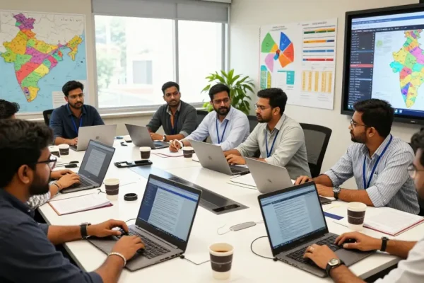 Diverse journalists collaborating on Indian news at https://www.theindaily.com in a vibrant newsroom atmosphere.