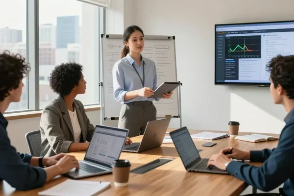 Team collaboration at https://raja328.com/ with laptops and presentations in a bright office