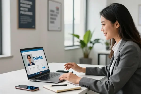 Engaging in a video call while discussing how to buy linkedin followers, showcasing professionalism in a modern office.
