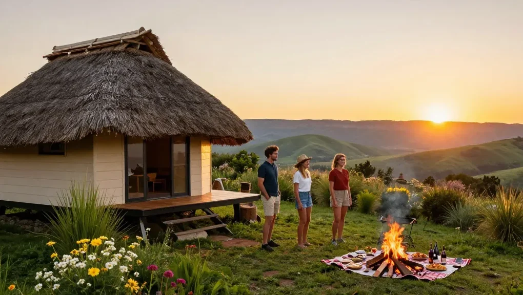 Accommodation Magaliesberg in a serene mountain setting with travelers enjoying sunset