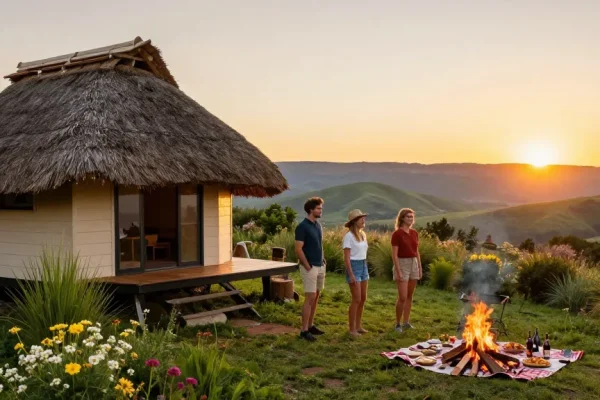 Accommodation Magaliesberg in a serene mountain setting with travelers enjoying sunset