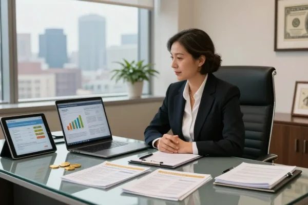 Financial advisor comparing gold IRAs in modern office setting.