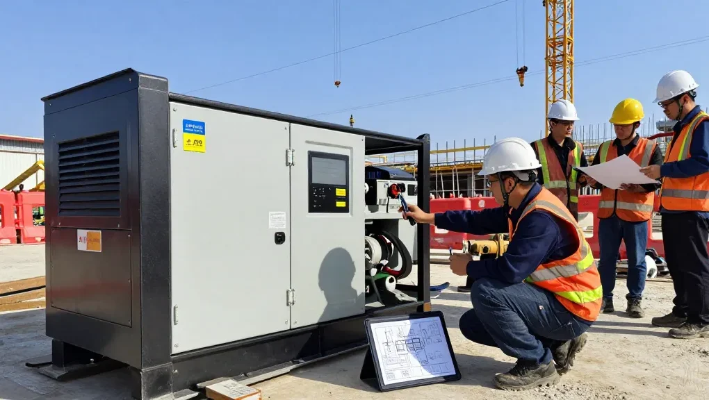 Skilled technician working on industrial generator solutions at a construction site with machinery and diagrams