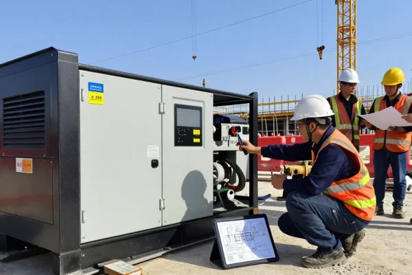 Skilled technician working on industrial generator solutions at a construction site with machinery and diagrams