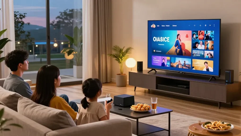 Expérience IPTV dans un salon moderne, famille profitant de la télévision à écran plat.