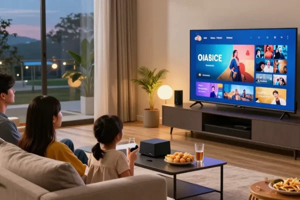 Expérience IPTV dans un salon moderne, famille profitant de la télévision à écran plat.
