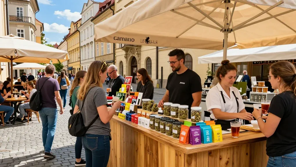 Where Can I Buy Top Quality Weed In Prague? Approved Guide features a vibrant dispensary scene with customers exploring cannabis products.