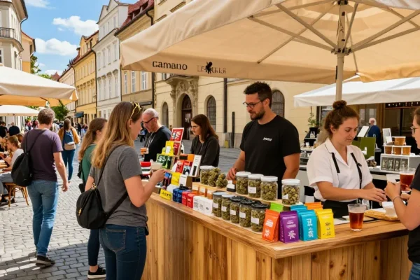 Where Can I Buy Top Quality Weed In Prague? Approved Guide features a vibrant dispensary scene with customers exploring cannabis products.