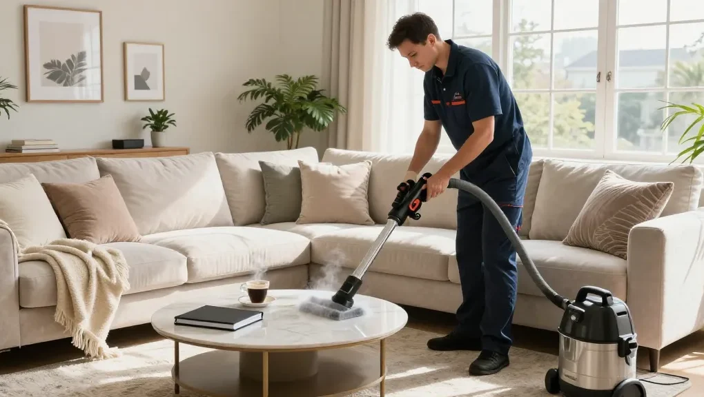 Expert professional couch cleaning in a bright home, showcasing a technician's precise steam cleaning.