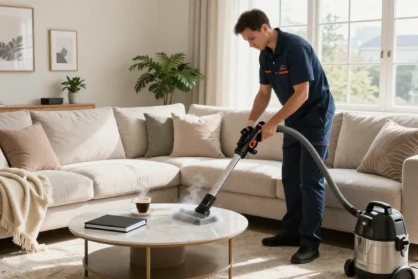 Expert professional couch cleaning in a bright home, showcasing a technician's precise steam cleaning.