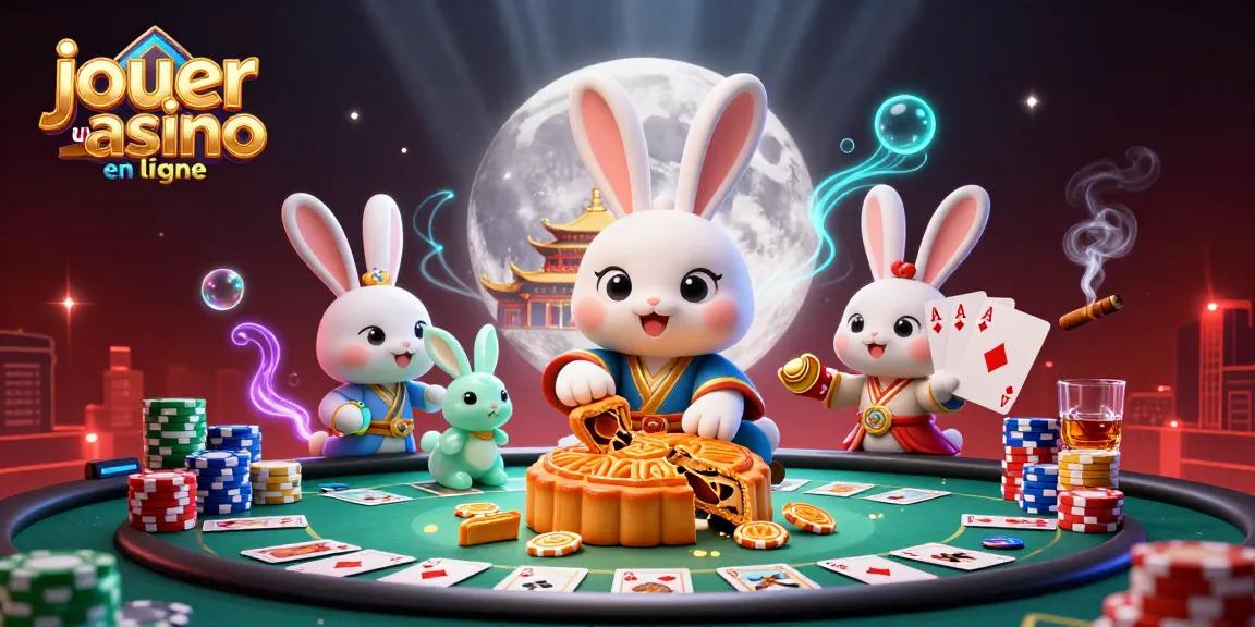Jouer au casino en ligne avec le lapin de lune et des jetons de poker révélés dans une illustration 3D captivante.