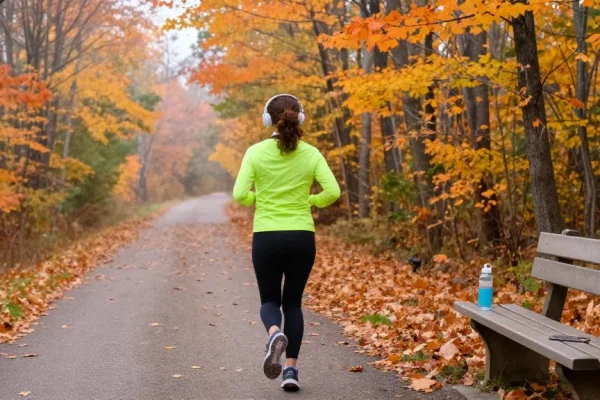 Serge Robichaud jogging in colorful fall scenery of New Brunswick.