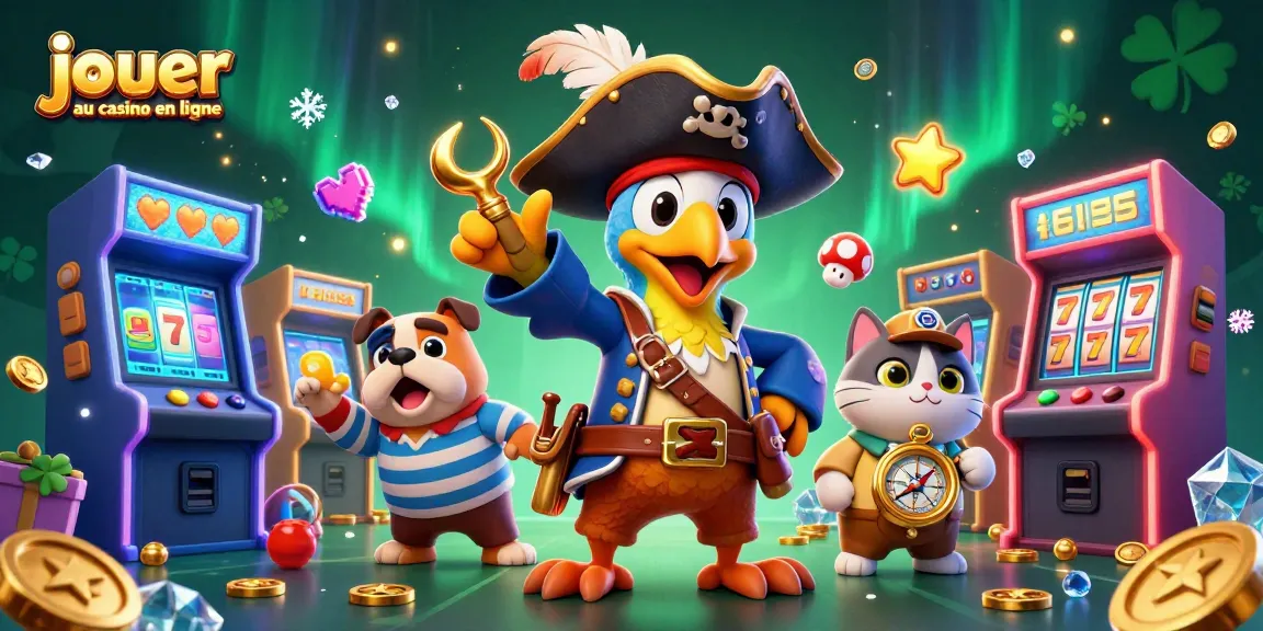 Jouer au casino en ligne avec un pirate, un bulldog et un chat dans une illustration colorée et dynamique.