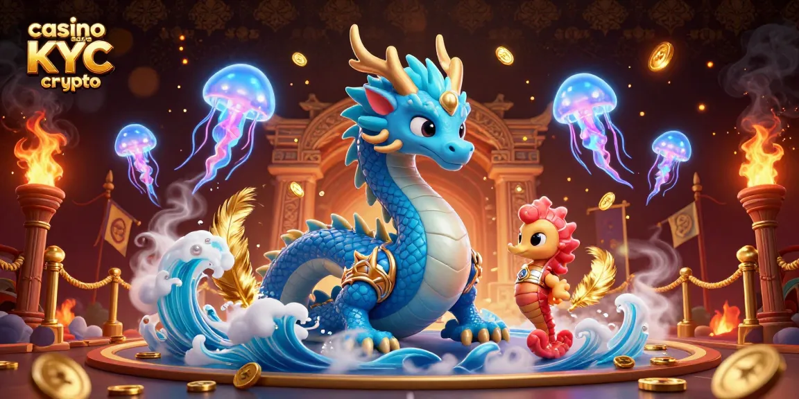 Plongez dans le monde du casino sans KYC crypto avec un dragon et un chevalier marin entourés de magie.