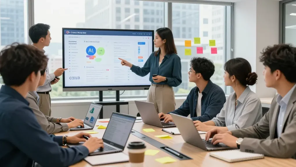 How does AI create Jobs Opportunities through team collaboration in a modern office environment with data analysis and brainstorming.