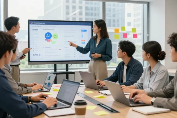 How does AI create Jobs Opportunities through team collaboration in a modern office environment with data analysis and brainstorming.