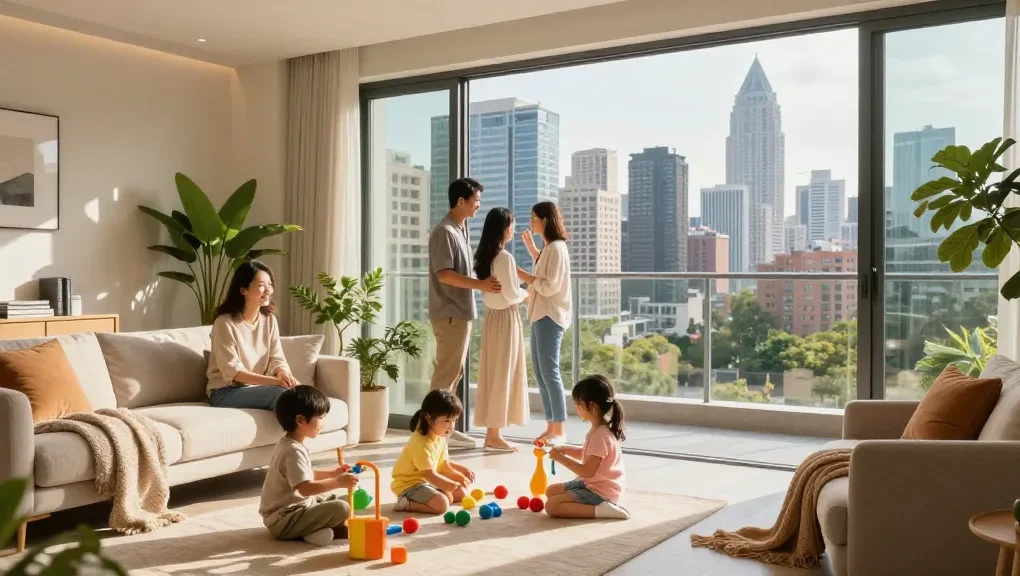Dover Residences family enjoying city skyline view from stylish balcony, capturing the essence of modern urban living.