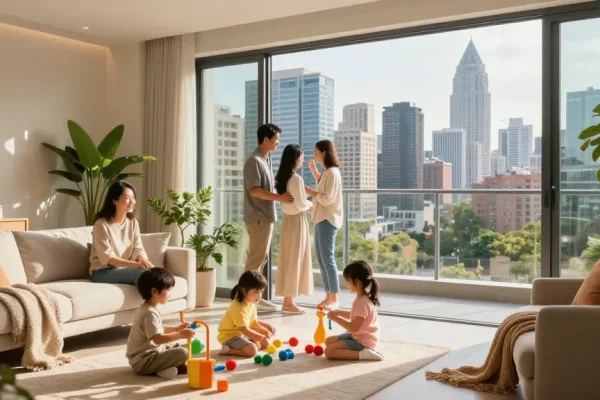 Dover Residences family enjoying city skyline view from stylish balcony, capturing the essence of modern urban living.